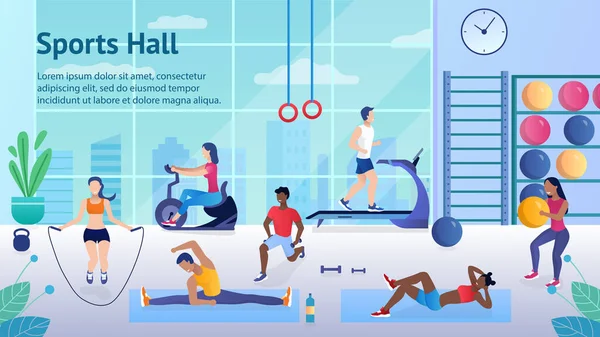 Spor salonundaki çeşitli insanlar farklı egzersizler yapıyorlar. İp atlama koşusuna atlayıp koşu bandında koşuyorlar. Spor ve güzel spor bisikleti kullanıyorlar. Sağlıklı Yaşam Tarzı Düz Çizgi Film Vektörü İllüstrasyonu — Stok Vektör