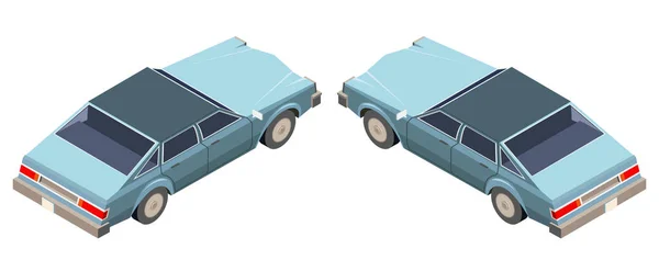 Clásico de los setenta. Un viejo auto americano. Color azul. Un coche que nunca pasará de moda. Ilustración vectorial en isometría 3D. Aislado — Vector de stock