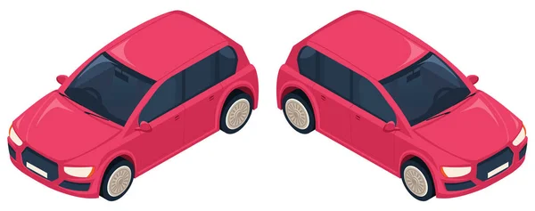 Coche de mujer. Coche moderno rojo para chica moderna. Sobre un fondo blanco. Estilo isométrico dibujado e ilustración vectorial aislada . — Vector de stock