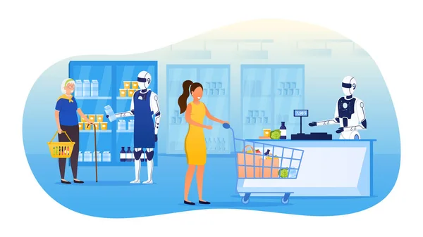 Assistentes robôs futuristas em um ajudante do supermercado Android ajudam cuidadosamente avós idosas a escolher o produto Outro vendedor de robôs soca as mercadorias no checkout Flat Vector Illustration — Vetor de Stock