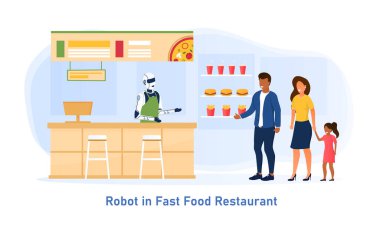Çocuklu genç bir aile fast food restoranından sipariş veriyor. Bir robot işçi restoranda insanlara hizmet eder. Yemek şirketlerinde otomatikleştirilmiş süreçlerin gelecekteki konsepti. Düz Çizim