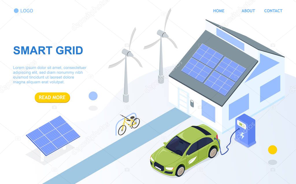 Smart grid isometric design concept. Smart detached house, renewable energy, solar panels, windmills, bio-fuel, electric bicycle. Perfect for landing page or web design. Isometric Vector Illustration.