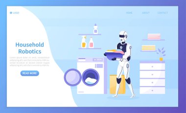 Çamaşır odasındaki robot kirli çamaşırları çamaşır makinesine koyuyor. Evdeki yapay zeka. Oda bakımı yapay zekası İniş sayfası ve web tasarımı için mükemmel Düz Vektör