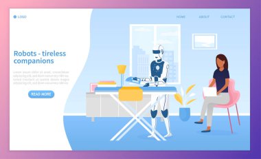 Kız dizüstü bilgisayarla uğraşırken oturma odasındaki robot ütü yapıyor. Evdeki yapay zeka. Oda servisi yapay zeka. İniş sayfası için mükemmel, Web Düz Vektörü
