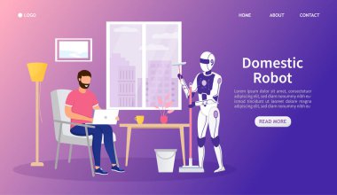 Evcil robot, bir adam dizüstü bilgisayarla uğraşırken pencereyi temizleyecek. Evdeki yapay zeka. Oda servisi yapay zeka. İniş sayfası için mükemmel, Web Düz Vektörü