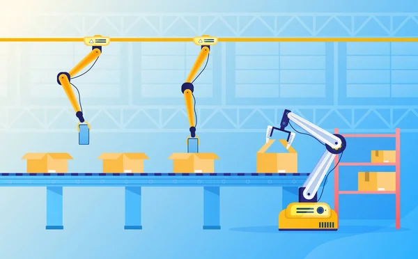 Le bras robotique fonctionne sur le convoyeur. Ligne de production automatisée. Emballage automatique des produits. Intelligence artificielle. Industrie 4.0. Technologie futuriste à l'usine. Illustration vectorielle plate — Image vectorielle