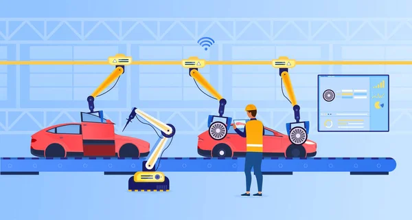 Fütürist bir fabrikada bir mühendis tablet kullanarak üretim bandı kuruyor. Otomotiv hattı. Endüstri teknolojisi. Araba üretimi. Endüstri 4.0. Üretim otomasyonu. Düz Vektör İllüstrasyonu — Stok Vektör