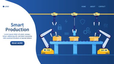 Akıllı fabrika konsepti. Endüstri 4.0. Otomatik taşıma hattı. Robot kol montaj hattında çalışır ve kutuları yükler. Taşıyıcı üretim. Akıllı fabrikada otomasyon. Düz Vektör İllüstrasyonu