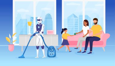 Elektrikli süpürge kullanan evcil bir robot. Genç ve mutlu bir aile kanepede oturuyor ve teknolojiyle hayatın tadını çıkarıyor. Oturma odasında elektrikli süpürgeyle gezen robot. Vektör İllüstrasyonu