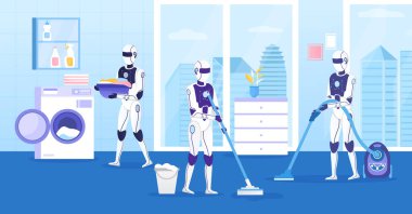 Bir grup robot evi hızlıca ve verimli bir şekilde düzenliyor. Panoramik pencereli modern banyo. Robot asistanlar temizlik yapar. Fütürist teknolojiler. İnsansı robot evi korumaya yardım ediyor..