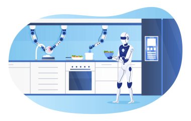 İnsansı robot yemek pişirme ve bulaşık yıkama sürecini kontrol eder. Akıllı Mutfak Kavramı. Günlük yaşamda gelecek teknolojileri. Yapay Zeka. Modern Mutfak İçsel Vektör İllüstrasyonu