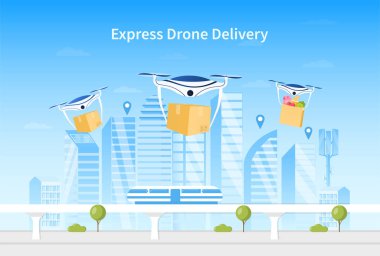 Drone teslimat konsepti. Bir grup dron akıllı bir şehrin arka planında kutuları dağıtıyor. Gelecekçi İHA 'lar teslimatçılara uçar. Akıllı nakliye teknolojisi. Düz Vektör İllüstrasyonu