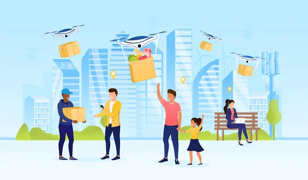 Los ciudadanos felices reciben sus paquetes en la ciudad. Express concepto de entrega de drones. Marketing de consumidores digitales. Quadcopters futuristas sobre la ciudad. Perfecto para el diseño web de landing page. Vector plano — Vector de stock