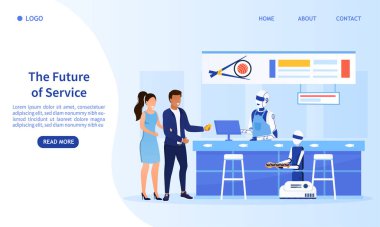 Suşi restoranında otomatik servis. İnsansı robot siparişleri alır ve kafedeki müşterileri sayar. Hizmet sektöründeki modern teknolojiler İniş için mükemmel, Web Düz Vektör İllüstrasyonu