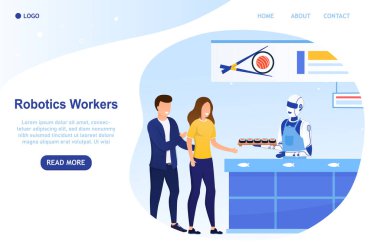 Suşi restoranında otomatik servis. İnsansı robot siparişleri alır ve kafedeki müşterileri sayar. Hizmet sektöründeki modern teknolojiler İniş için mükemmel, Web Düz Vektör İllüstrasyonu