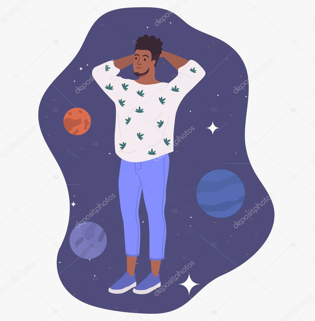 Meditative Mind Concept. A young attractive man flies in his thoughts in space. Metaphorical illustration of flying thoughts in space. Psychotherapy and balance. Introspection Flat Vector Illustration