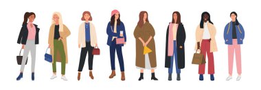 Moda kıyafetleri giymiş kadın karakterlerin derlemesi. Havalı mevsimler için şık giyinmiş güzel kızlar. Moda kıyafetleri içinde şık güzel kızlar. Düz Vektör İllüstrasyonu.