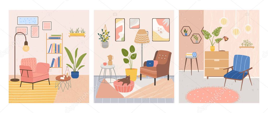 Set of three interiors of trendy rooms. Comfortable stylish living room with Scandinavian style furniture. Cozy apartments. Sweet home. Flat Vector Illustration