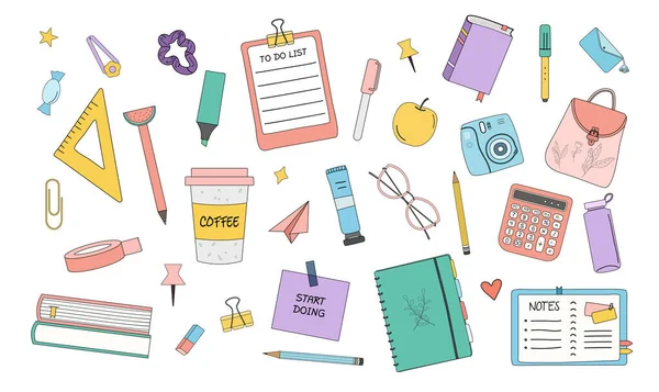 Okul malzemeleri koleksiyonu. Eğitim için ya da ders için. Eğitim ve öğrenim için el yapımı aksesuarlar. Renkli Çizgi film Düz Vektör İllüstrasyonu