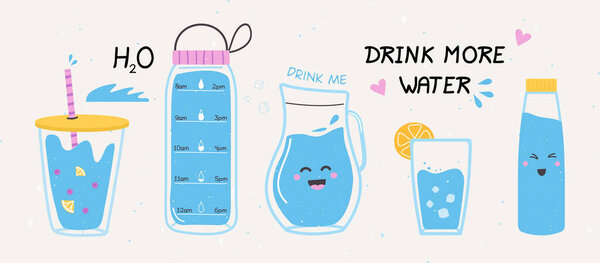 Drink more water concept. Eco friendly drink containers. Hand drawn trendy objects. Funny cartoon bottles. Alternative to plastic. Caring for the environment. Colorful Flat Vector Illustration