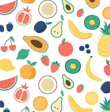 Doğal tropik karalama meyveleri. Sağlıklı bir yaşam tarzı için doğal vitaminler. Çiğ yemek ya da vejetaryen. El yapımı moda meyveler. Vejetaryen mutfağı. Renkli Düz Vektör İllüstrasyonu
