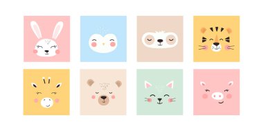 Modayı takip eden sevimli hayvanlarla dolu. Komik hayvan yüzleri. Tekstil, parmak izi, poster ve daha fazlası için mükemmel. Tüm nesneler izole edilmiş ve gruplandırılmıştır. Renkli Çizgi film Düz Vektör İllüstrasyonu