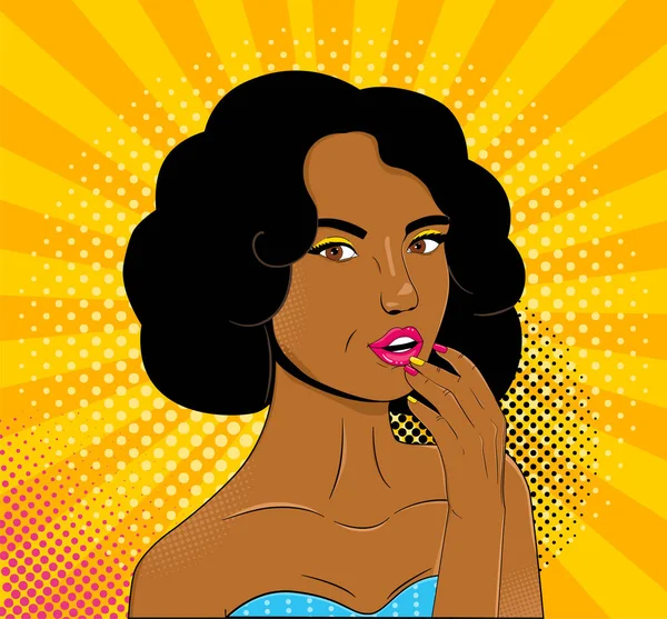 Pop art face of a black girl. Beautiful young girl expresses interest. Sexy girl holding fingers on her lips. Colorful illustration in pop art style. Retro Background. Vector Illustration. — Stock Vector