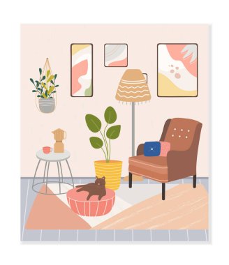 İç taraftaki rahat oda. İskandinav tarzı mobilyaları olan rahat, şık bir oturma odası. Ev dekorasyonlu modaya uygun kompozisyon ve resimli daire. Düz Vektör İllüstrasyonu.