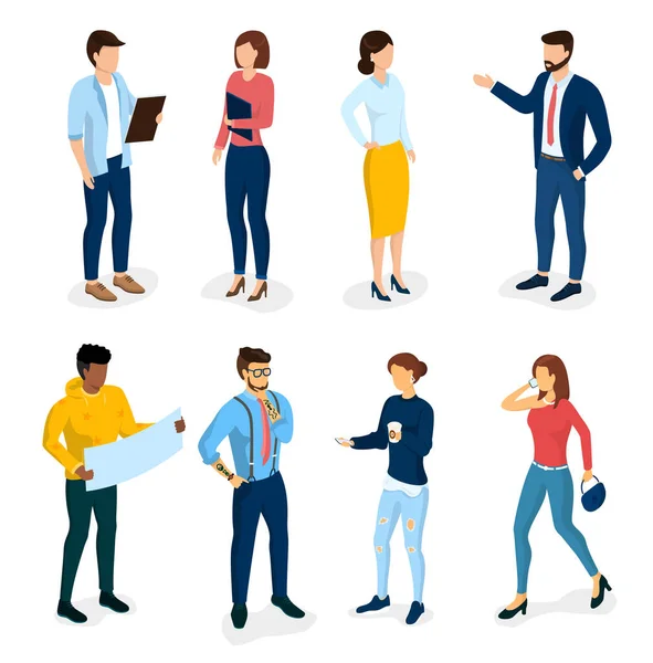 Trendy business people. Workers, hipsters, businessmen and business woman, programmers, clerks. In the modern hipster clothing. Suitable for different workplace. 3d Isometric Illustration Vector — Stock Vector