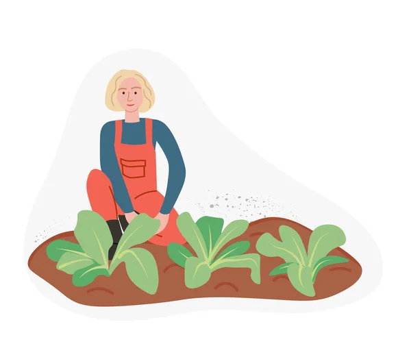 Органическое производство. Женщина выращивает зелень изолированы на белом фоне. Процесс местного выращивания в современном стиле. Органическая здоровая пища. Перфект для плаката, веб-сайта, брошюры. Плоская векторная иллюстрация — стоковый вектор