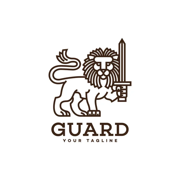 Lion Sword Logo Template Design Linear Style Vector Illustration — Stock Vector