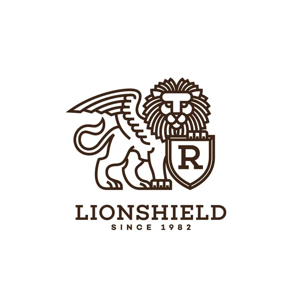 Leão Com Escudo Asas Design Modelo Logotipo Estilo Linear Ilustração —  Vetores de Stock