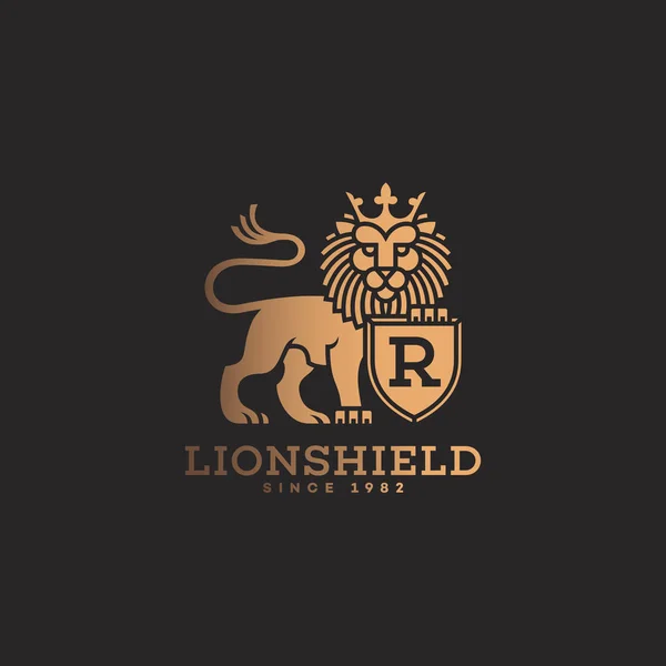 Χρυσό Λιοντάρι Στέμμα Και Ένα Σχέδιο Προτύπου Λογότυπο Ασπίδα Εικονογράφηση — Διανυσματικό Αρχείο
