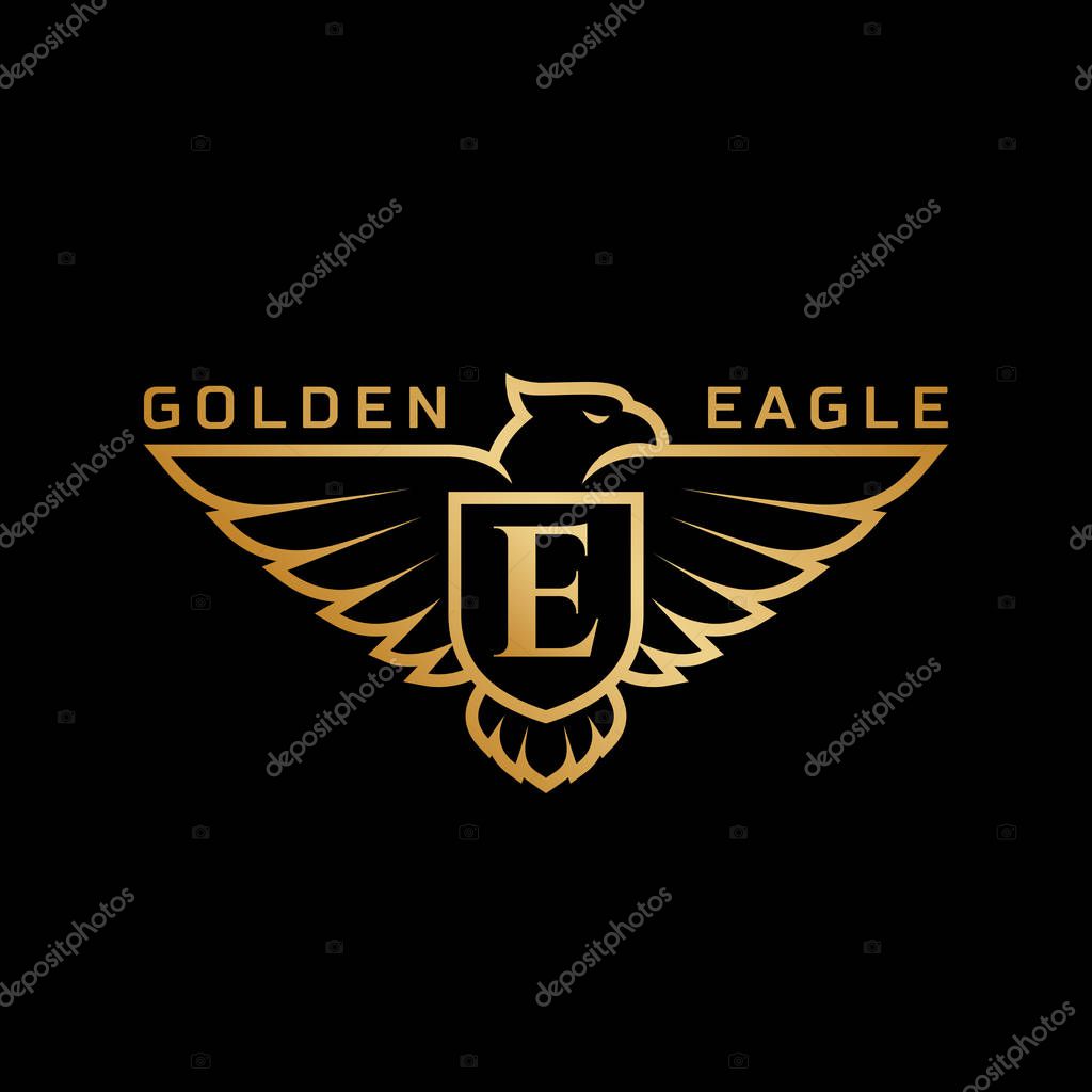 Golden eagle logo design template with a shield. Vector illustration.