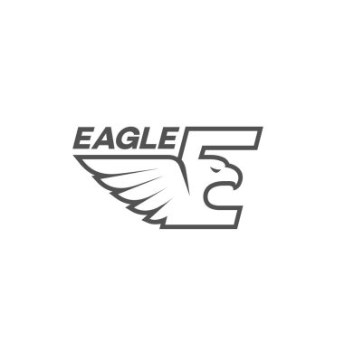 Doğrusal stil stilize bir mektupta E kartal logo tasarım şablonu. Vektör çizim.