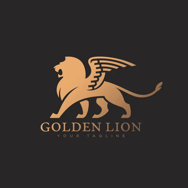 Gouden Leeuw Met Vleugels Embleemontwerp Sjabloon Een Donkere Achtergrond Vectorillustratie — Stockvector