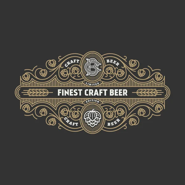 Flourishes Beer Label Design Template Hops Linear Style Vector Illustration — Stock Vector