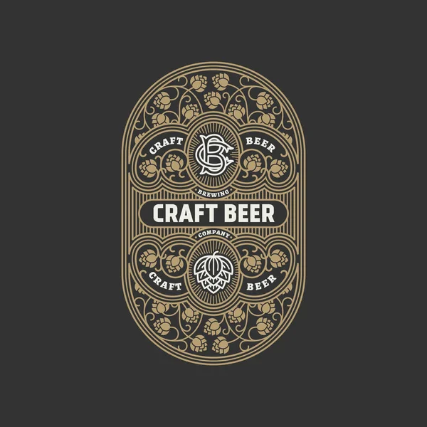 Flourishes Beer Label Design Template Hops Linear Style Vector Illustration — Stock Vector