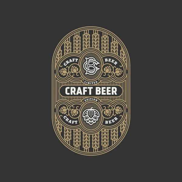 Flourishes Beer Label Design Template Hops Linear Style Vector Illustration — Stock Vector