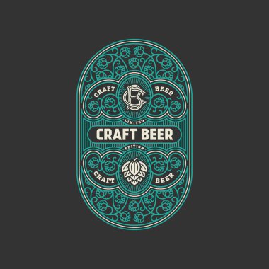 Bira etiket tasarım şablonu şerbetçiotu ile gelişir. Vektör çizim.