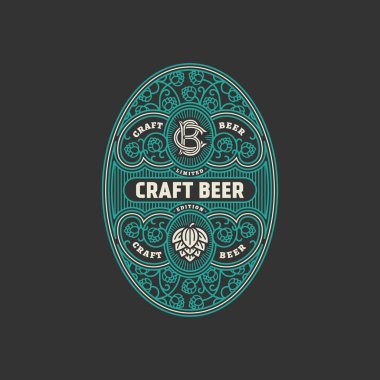 Oval bira etiket tasarım şablonu şerbetçiotu ile gelişir. Vektör çizim.