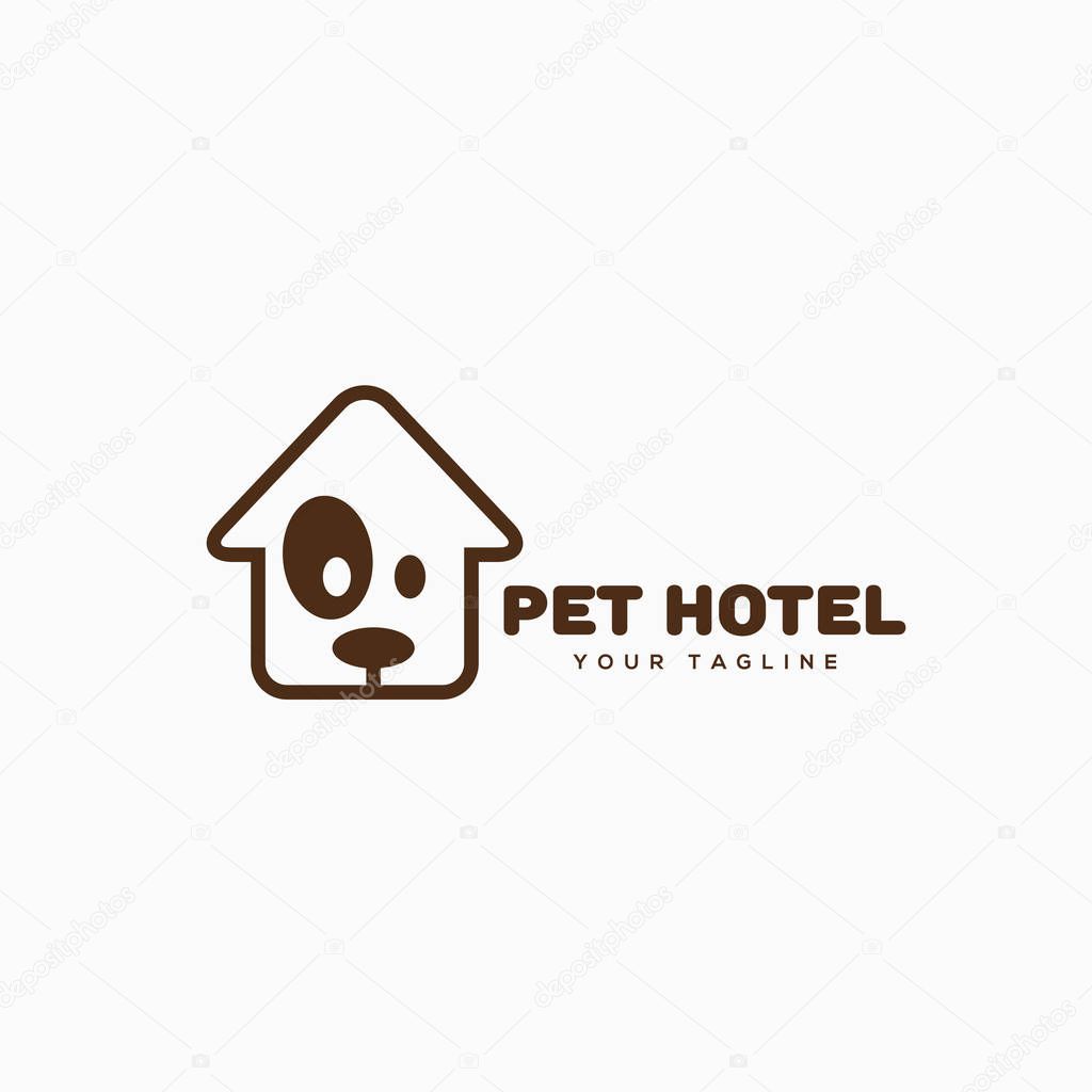 Pet hotel logo design template in linear style. Vector illustration.
