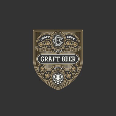 Bira etiket tasarım şablonu şerbetçiotu ile gelişir. Vektör çizim.