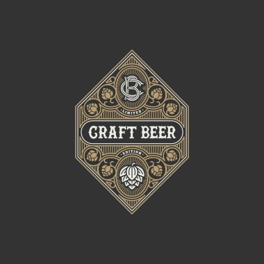 Bira etiket tasarım şablonu şerbetçiotu ile gelişir. Vektör çizim.