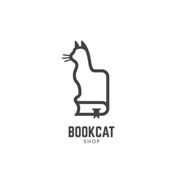 Buch Katzenshop Logo Design Vorlage Linearen Stil Vektorillustration — Stockvektor