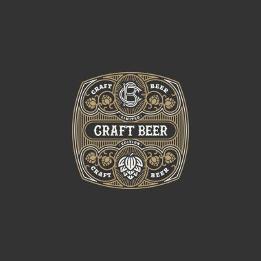 Bira etiket tasarım şablonu şerbetçiotu ile gelişir. Vektör çizim.