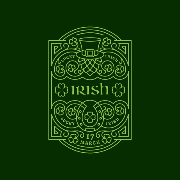 Umrissetikett Mit Hopfen Hut Hufeisen Shamrock Blättern Blumenschmuck Vektorillustration — Stockvektor