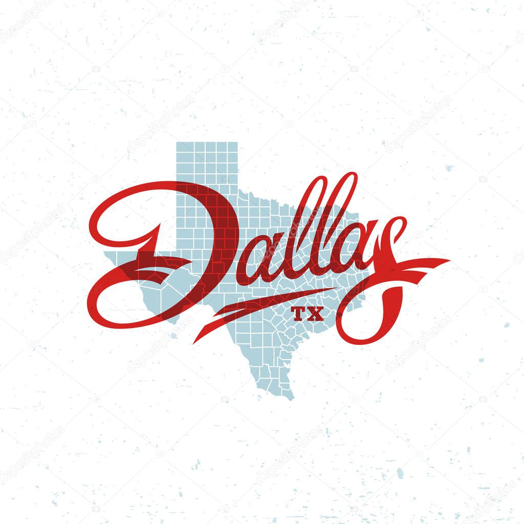 Dallas word lettering design with a map of Texas. Vector illustration.