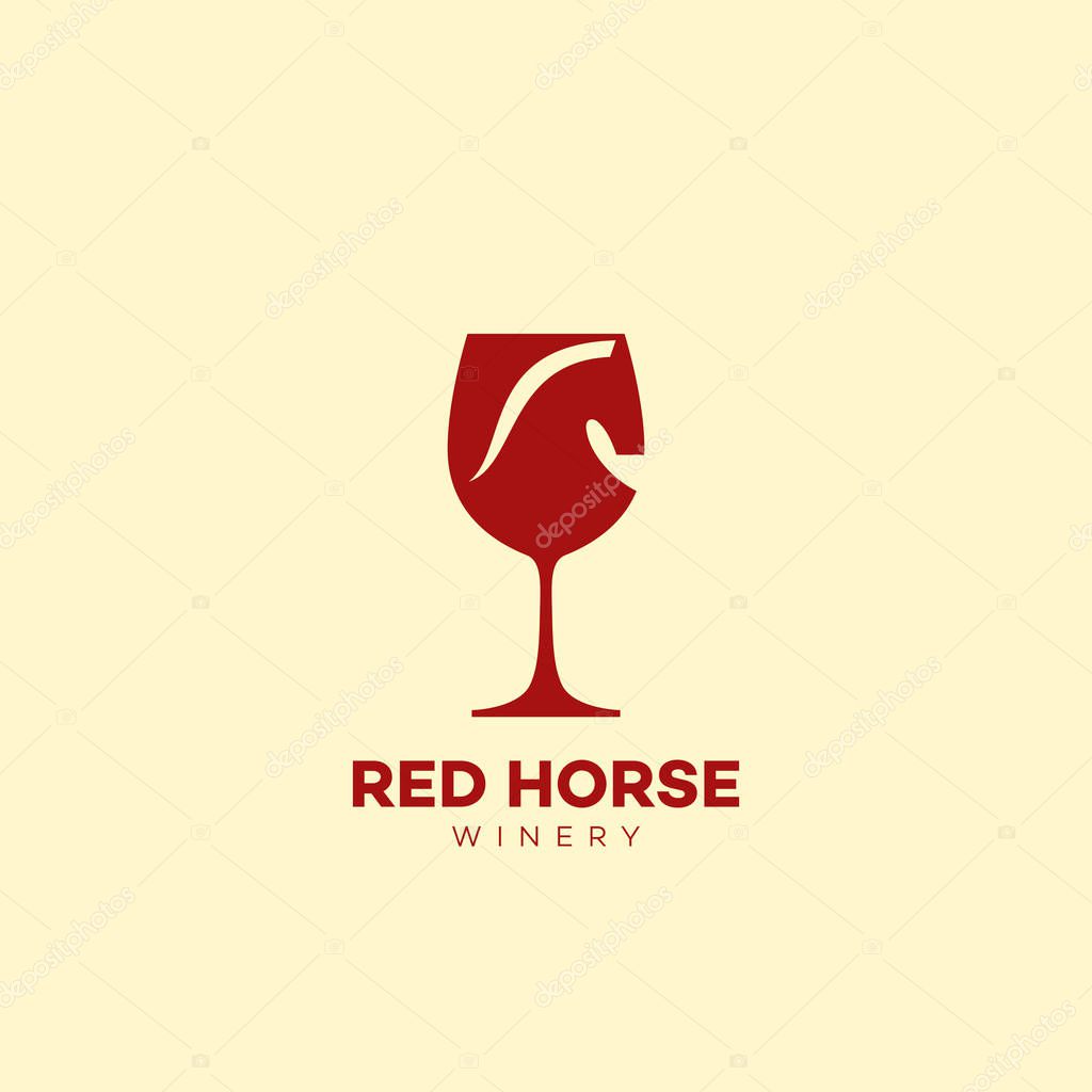 Red horse winery logo template design with a wineglass. Vector illustration.