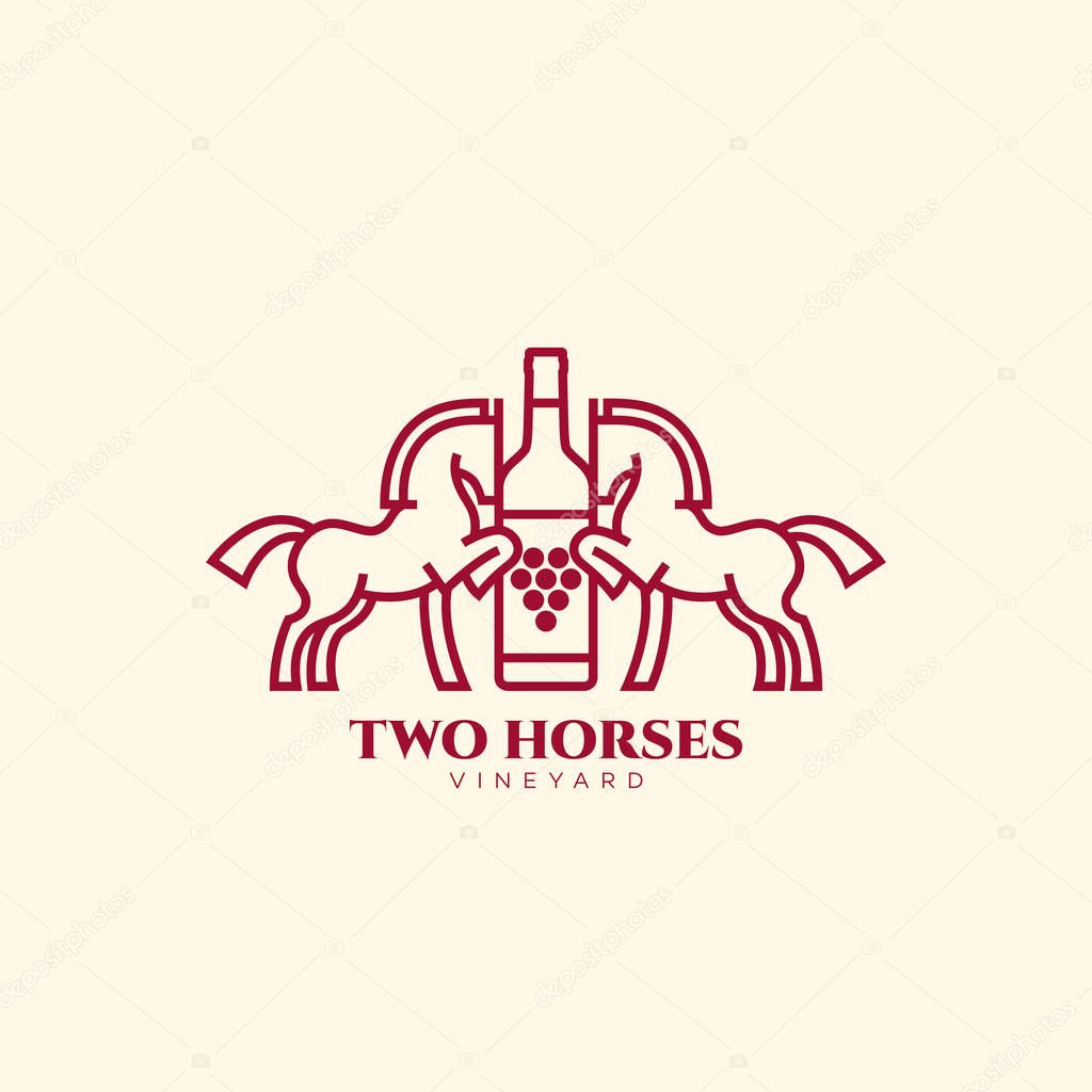 Vineyard logo template design with two horses and a bottle of wine in linear style. Vector illustration.